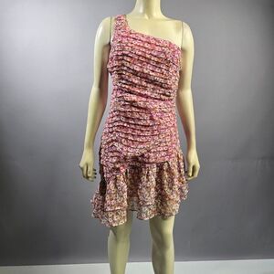 Astr Pink and Brown Ruched One Shoulder Cocktail Dress R7